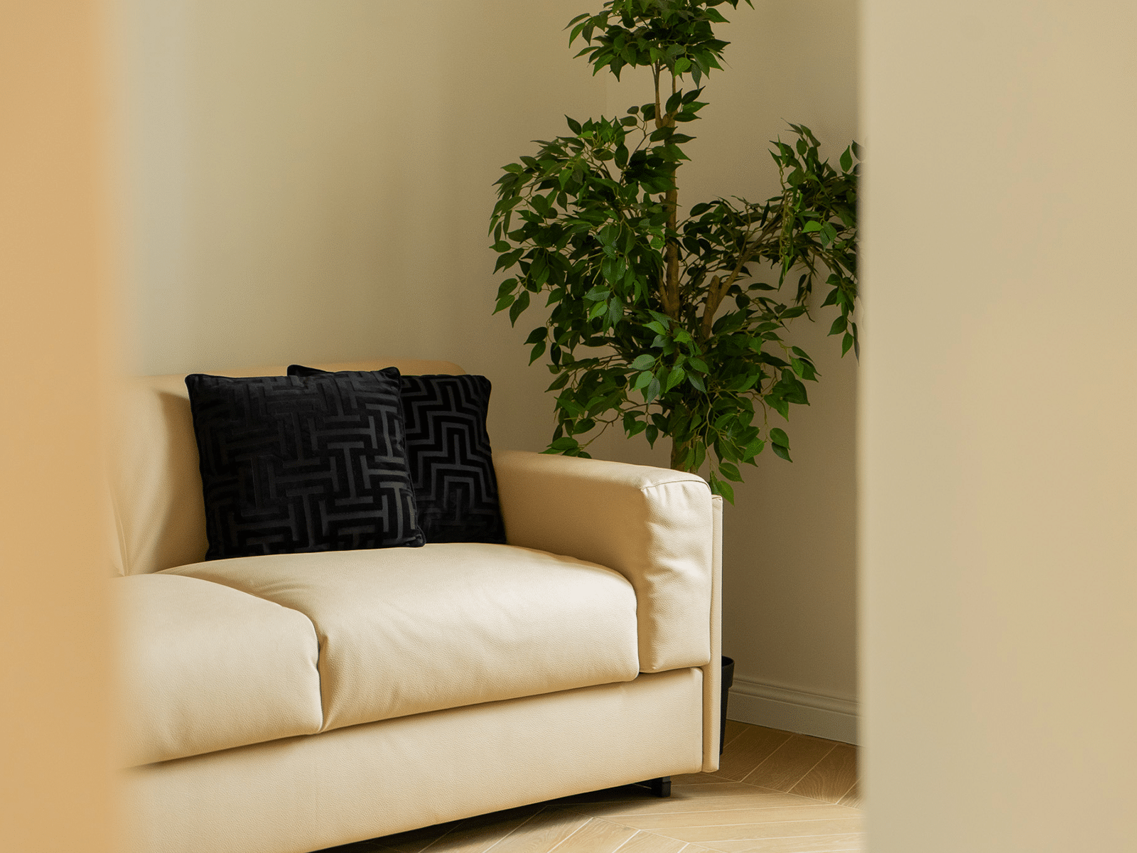 Elegancia Moderna en el Corazón de Roma Sofá beige con cojines oscuros y planta.